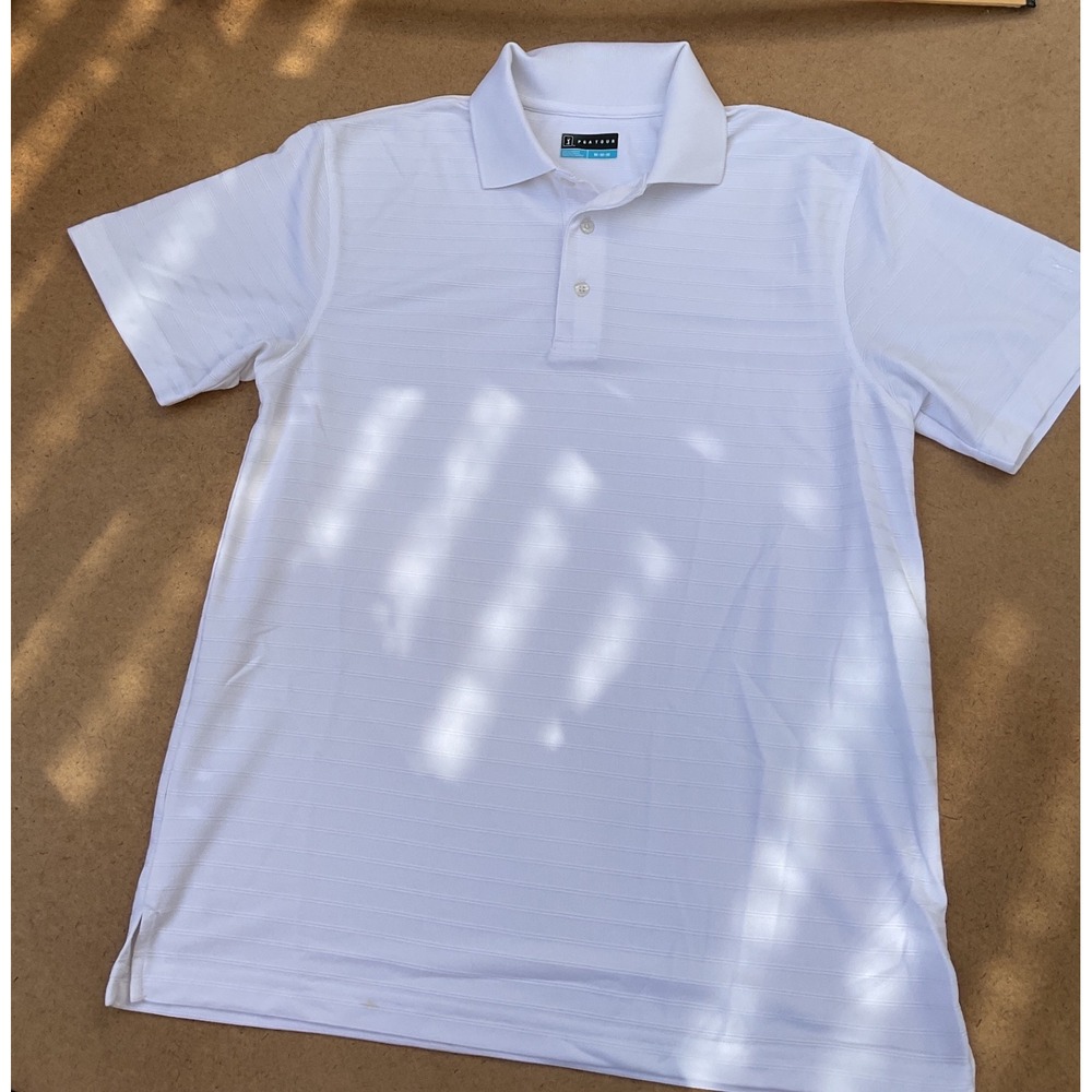 PGA Tour Mens White Textured Stripe Short Sleeve Golf Polo Shirt Size Medium